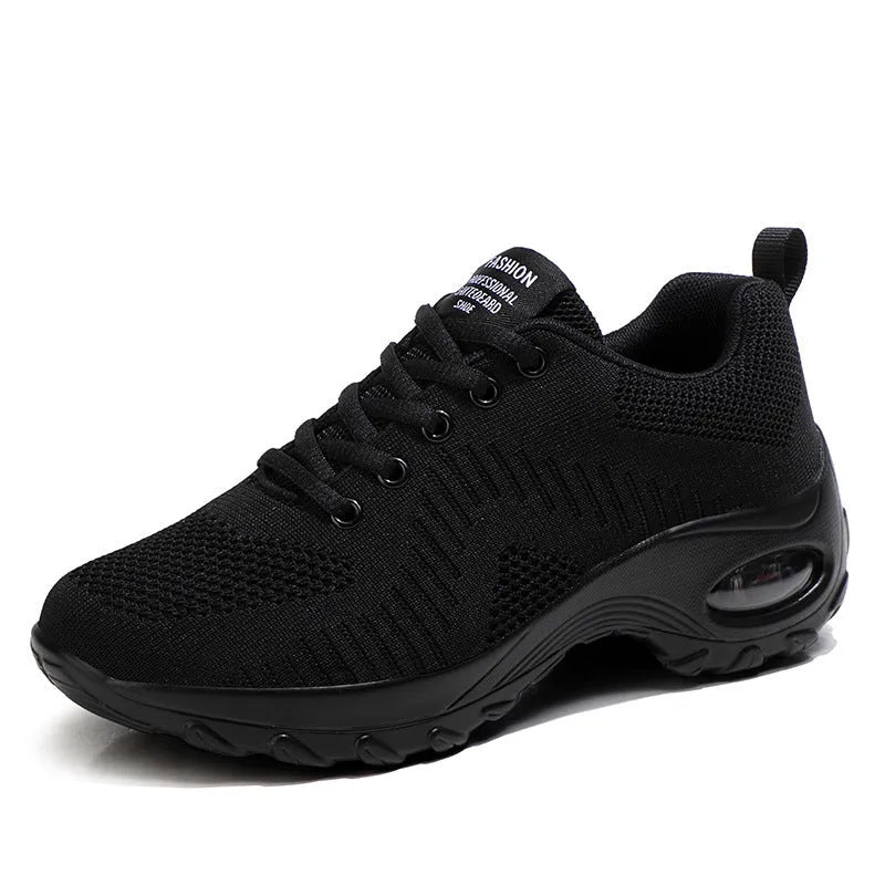 Women's round toe mesh sneakers with front lace-up and 3-5cm mid heel in black or red