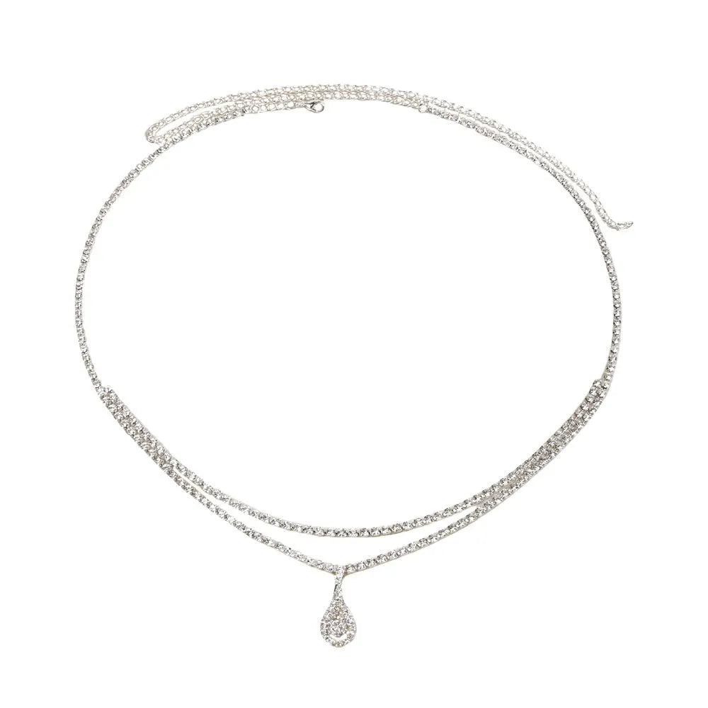 Gold and silver waist chain with water drop pendant and rhinestone decoration for women