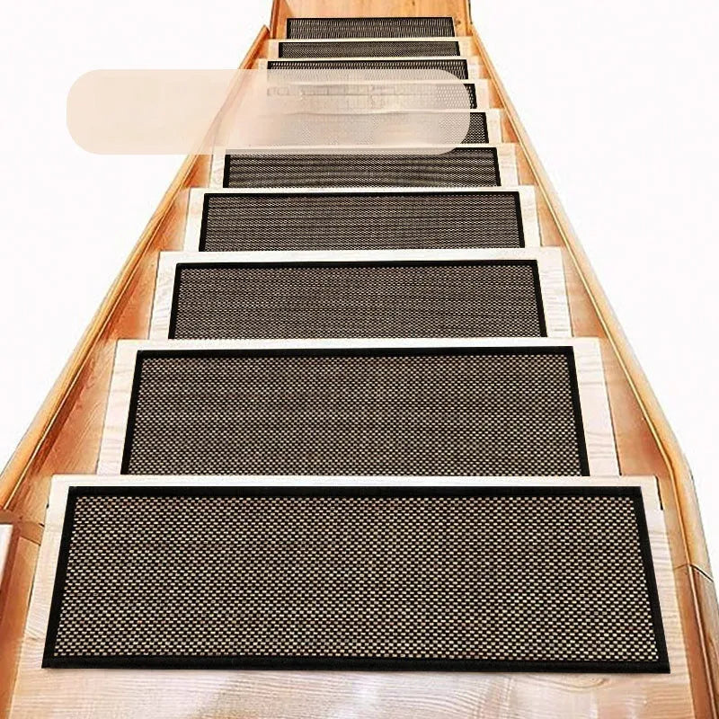 Japanese-style linen-look polyester stair mat on wooden stairs in camel colour with rubber backing