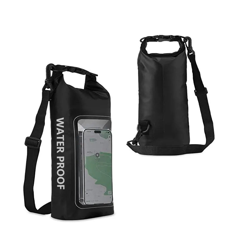 Army Green PVC waterproof crossbody bag with strap, shown in 2L and 5L sizes for swimming and beach use.