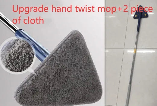 Blue triangle cleaning mop with extendable stainless steel pole and 360-degree rotating head
