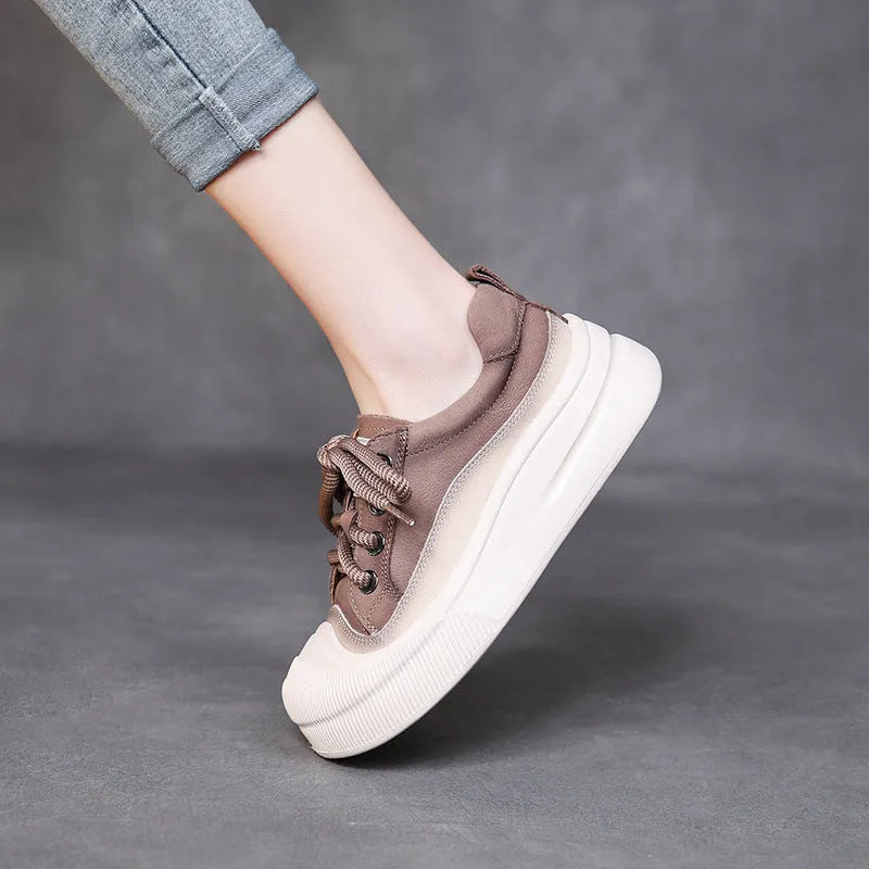 Women's yellow and brown full grain cowhide leather lace-up casual shoes with round toe.