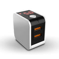 Black and white dual USB travel charger with digital display showing EU and US plug options.