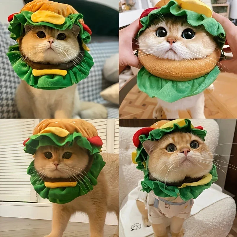 Burger-shaped cat headdress collar in three sizes with soft foam lining and adjustable fastening