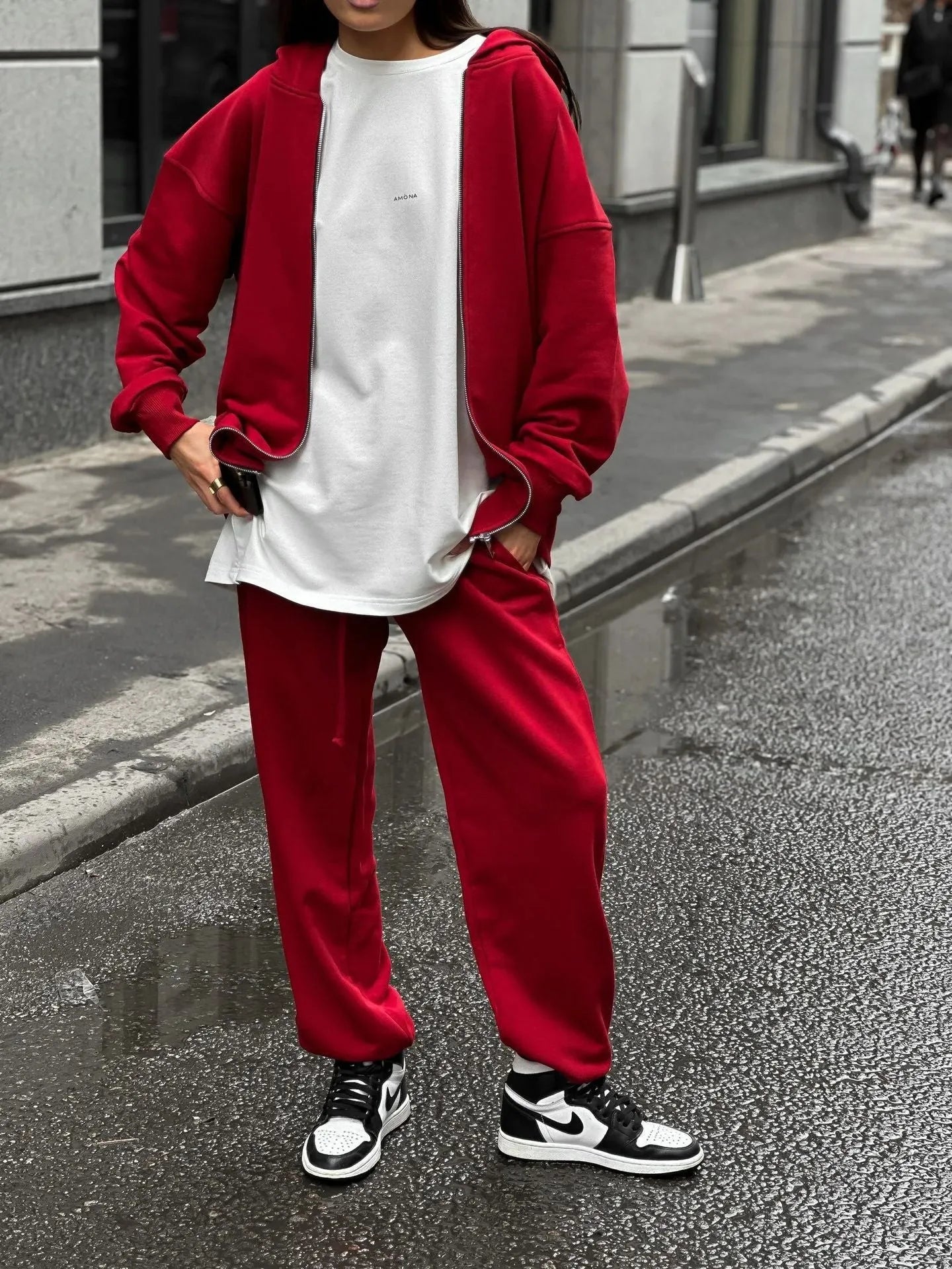 Loose two-piece set with long-sleeved coat and trousers in solid red light gray or gray polyester street style