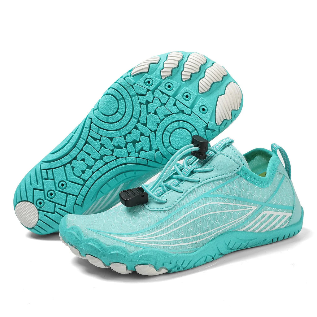 Children's quick-drying wading shoe with non-slip rubber sole and elastic band, shown in blue.