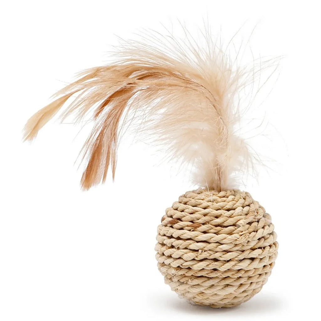Cat toy set showing rattan ball with bell and faux feather ball for interactive pet play