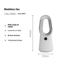 SK white bladeless tower fan with remote control placed on a wooden floor.