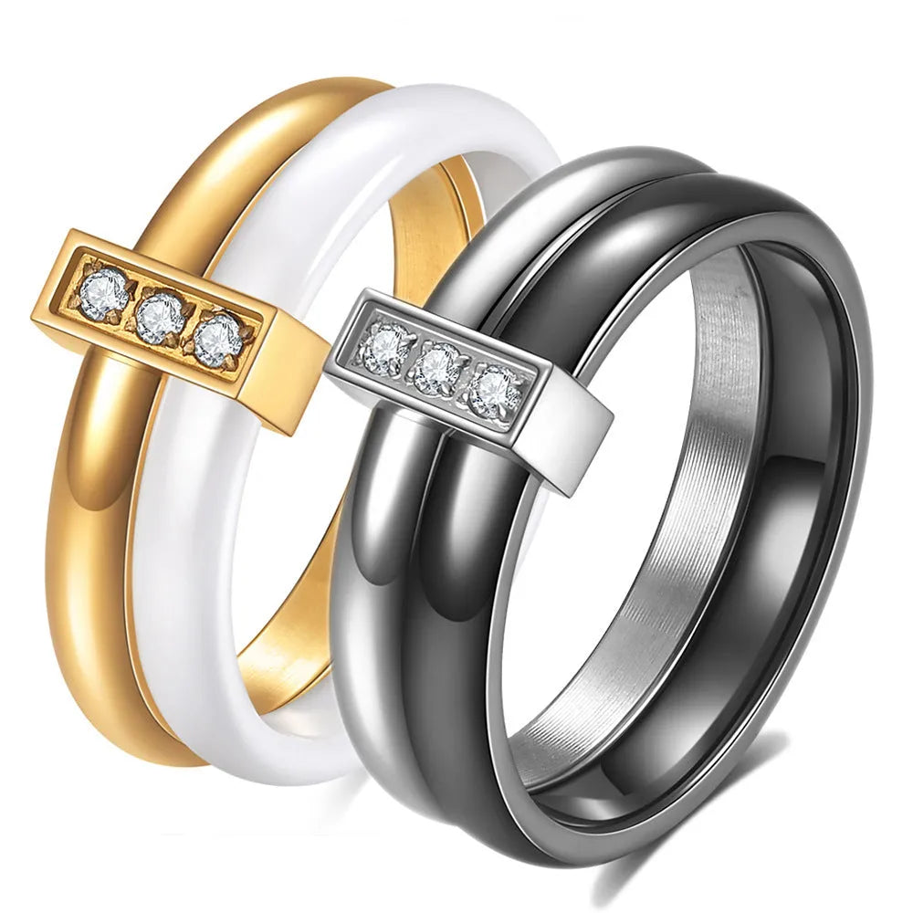 Ceramic women's ring with glossy stitching and zirconium accents in steel black or golden white, 6mm width