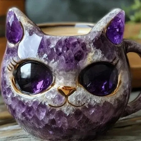 Purple resin geode mug with crystal pattern and cat decoration measuring 11cm height