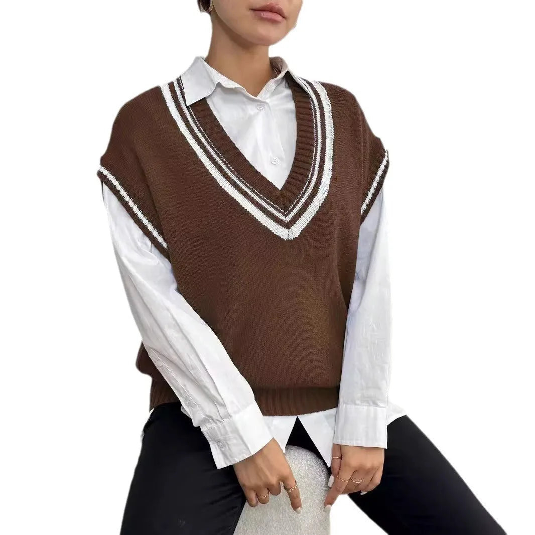Women's loose fit college style vest sweater in blue, coffee, or black colour.