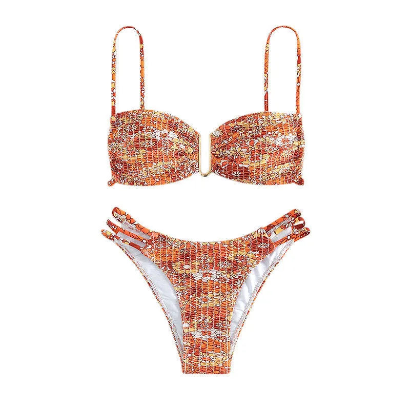 Women's high-waist floral bikini swimsuit in rose red with matching bra and briefs.