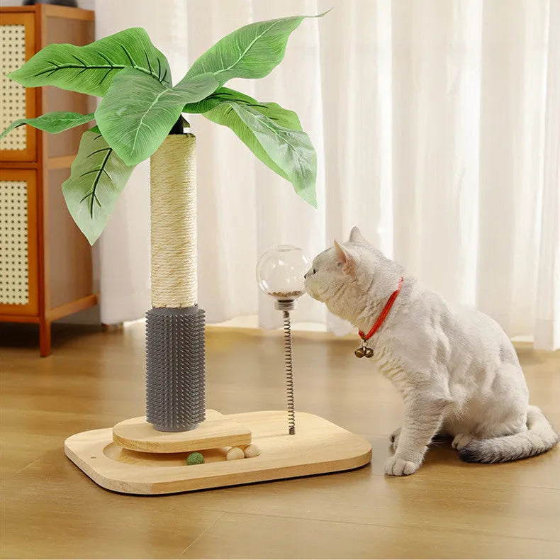 A vertical wooden cat scratching post in a canna colour with an attached food drop ball.