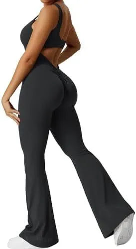Women's sleeveless flare jumpsuit long pants in Army Green colour for yoga fitness.