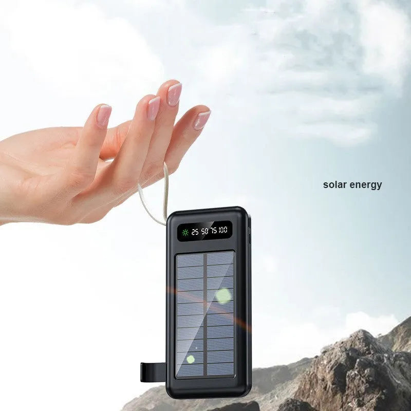 Black or white solar power bank with built-in panel showing capacity options of 20000mAh and 30000mAh.