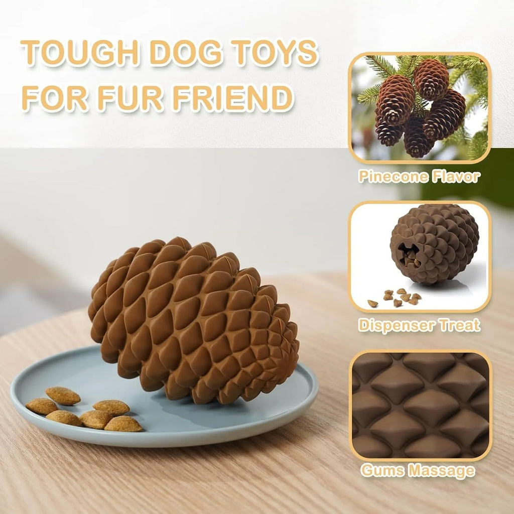 Yellow pine cone shaped natural rubber dog chew toy with treat dispenser for medium large dogs