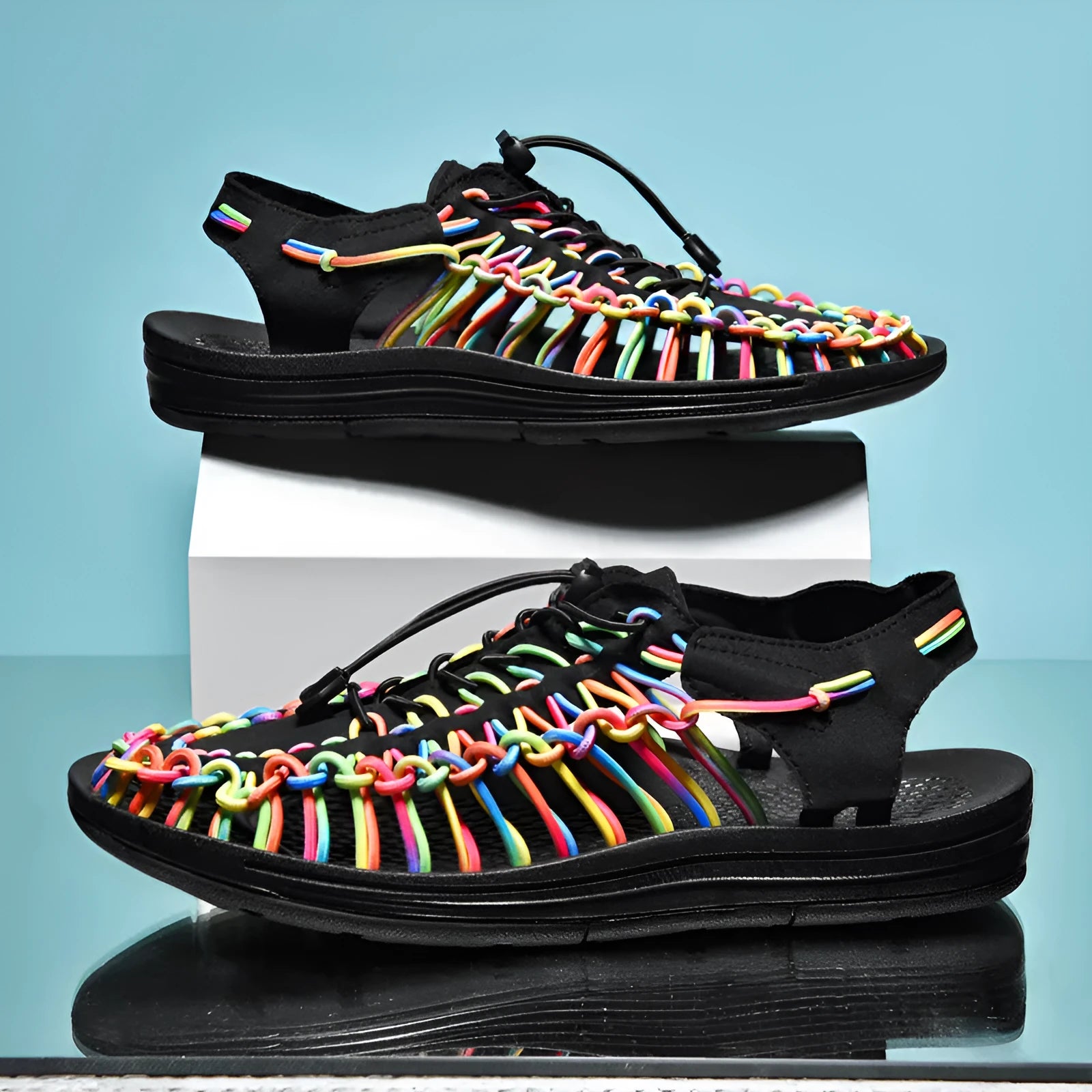 Elastic drawstring woven sandals in rainbow colour with rubber sole and baotou front design