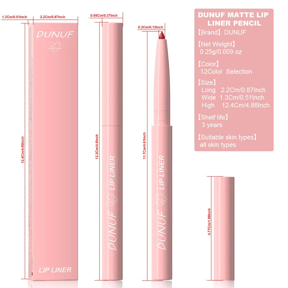 Matte velvet lip liner pencil showing 12 colour shades from nude to plum