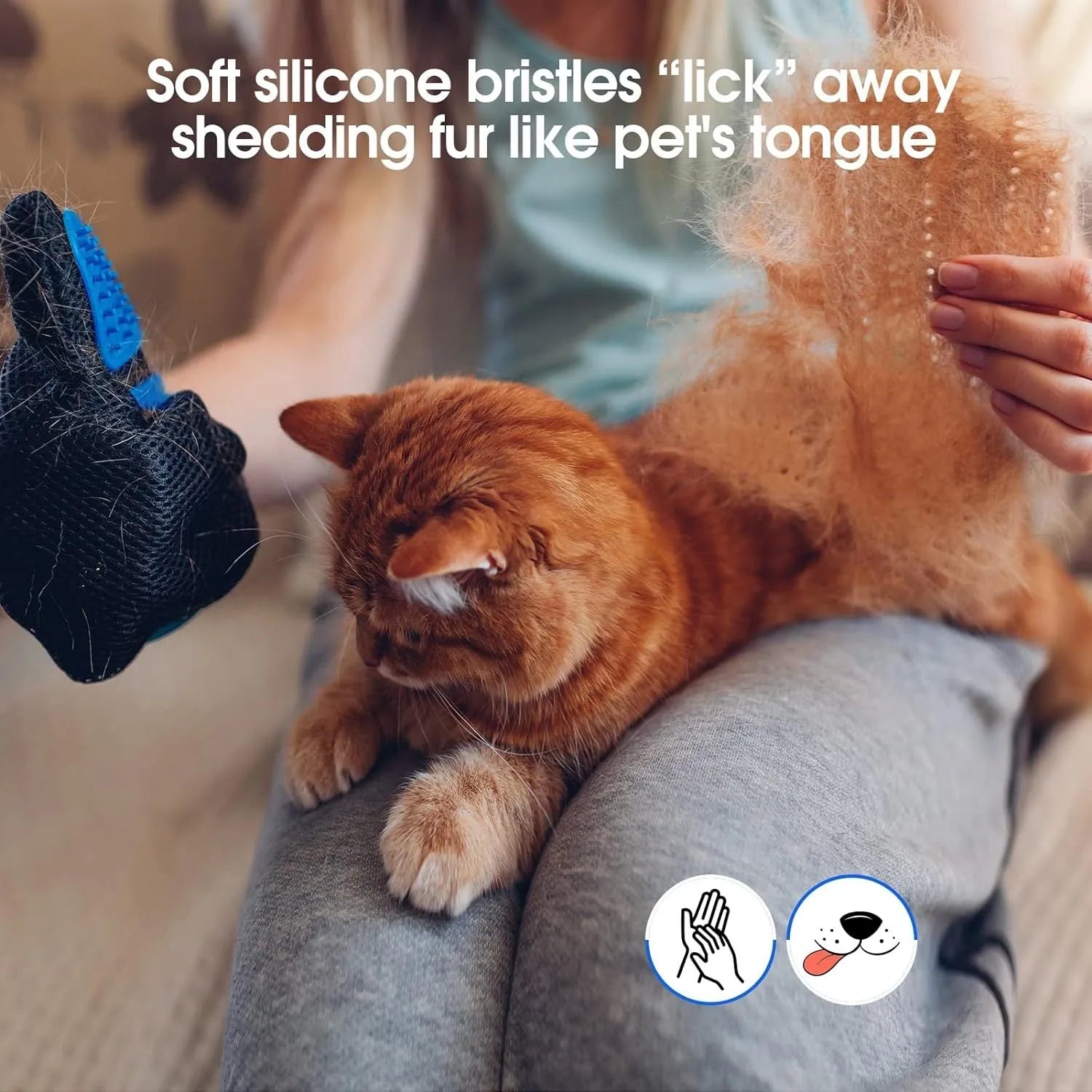 Blue pet grooming gloves with silicone tips for dogs cats horses shedding control