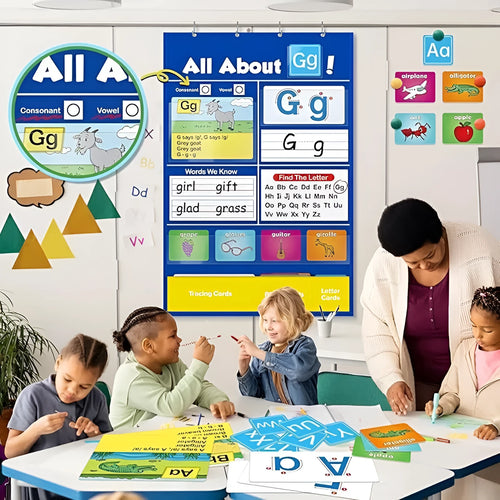 Alphabet learning sleeve chart with word cards, letter cards, and picture cards laid out for play.