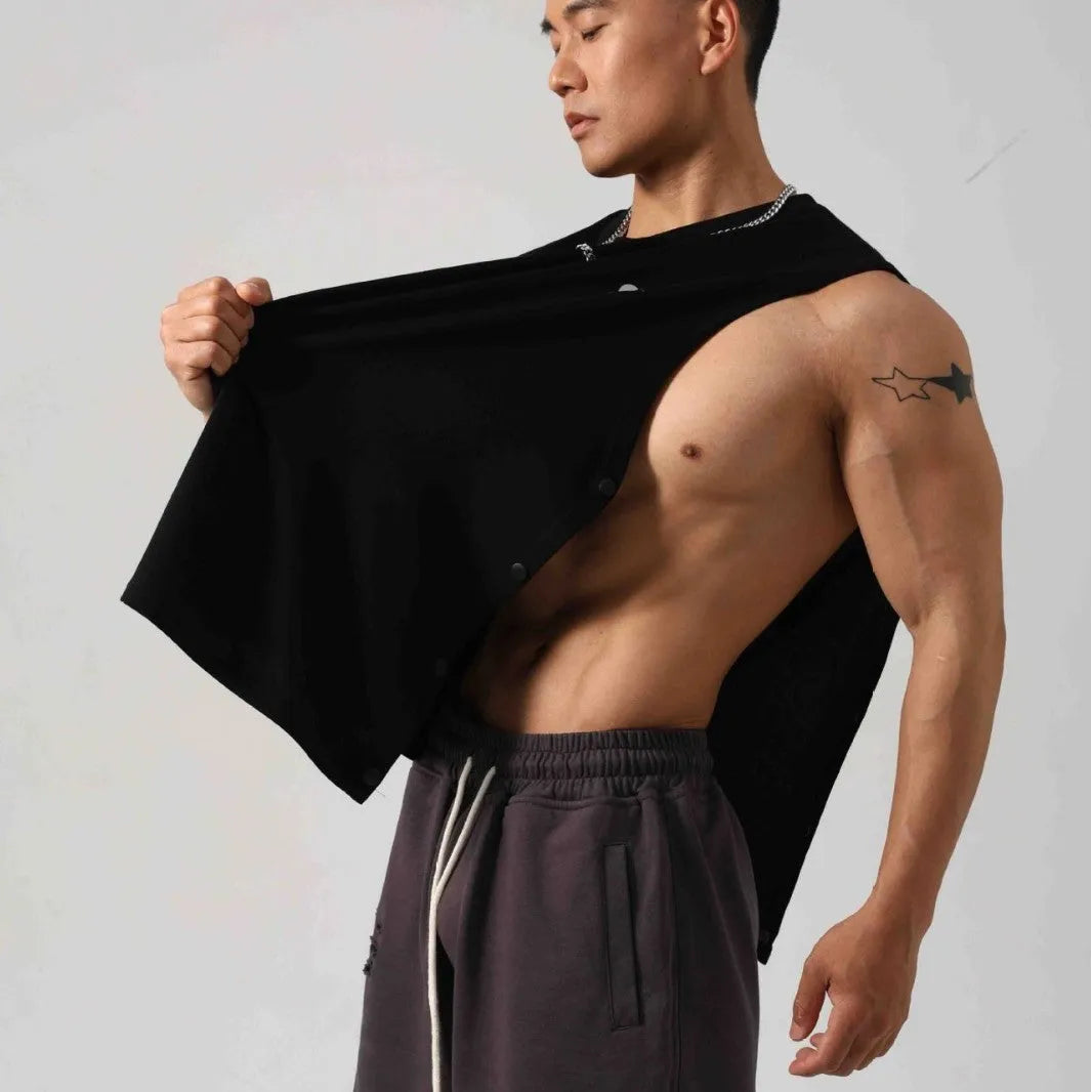 Korean style loose cotton fitness vest for men with hidden hook side openings.