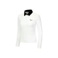 Women's slim-fit long sleeve polyester golf top in black on a hanger.
