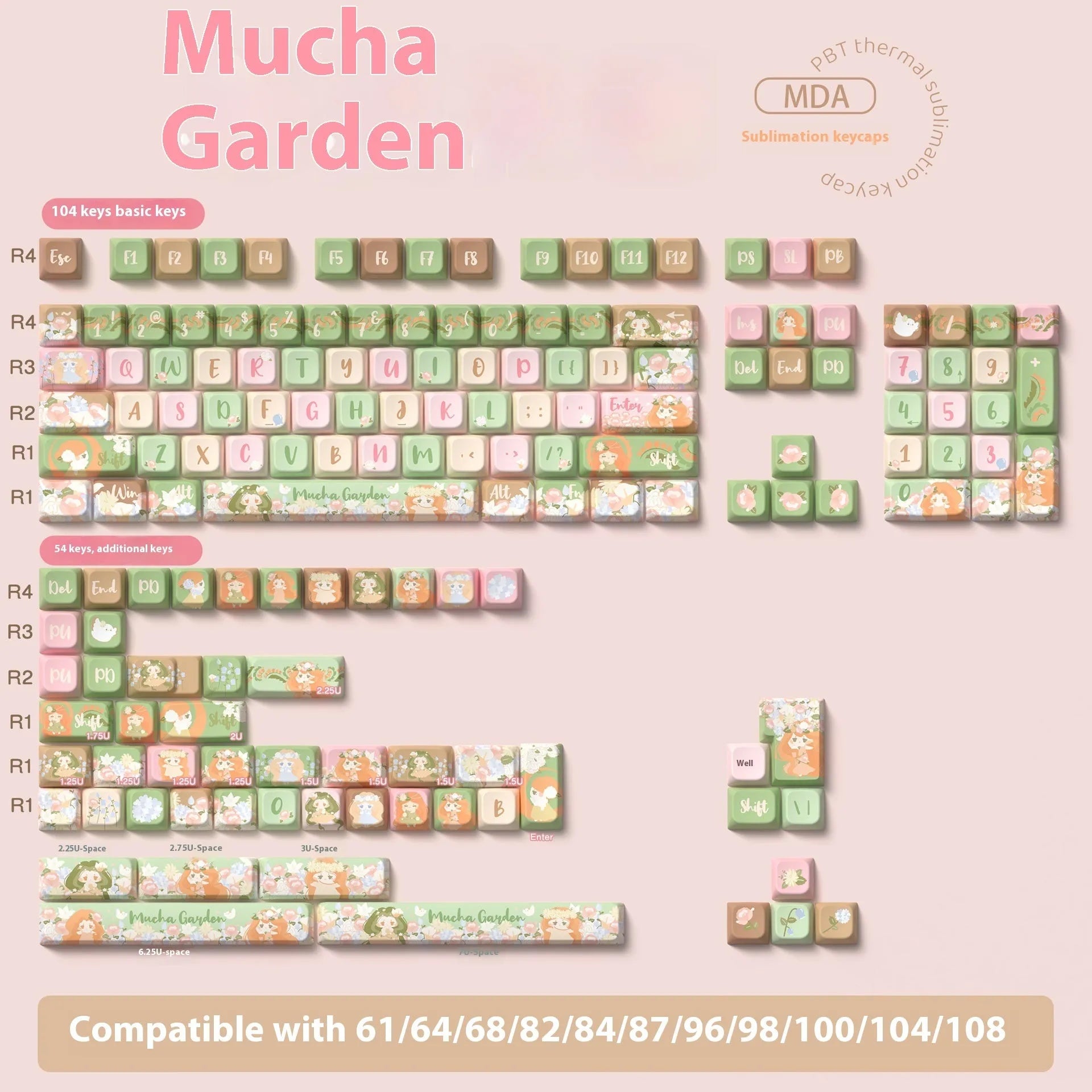 Sublimated summer garden floral design key cap set for mechanical keyboards, shown in 138-key and 158-key options.