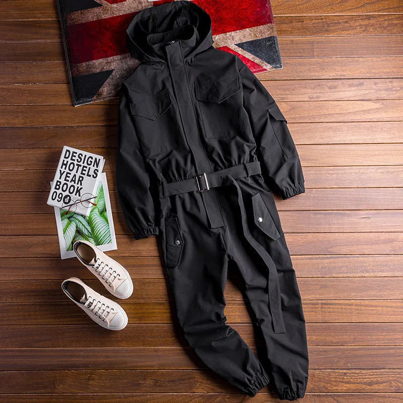 Men's hooded workwear jumpsuit in army green with ankle-tied cuffs and conventional sleeves