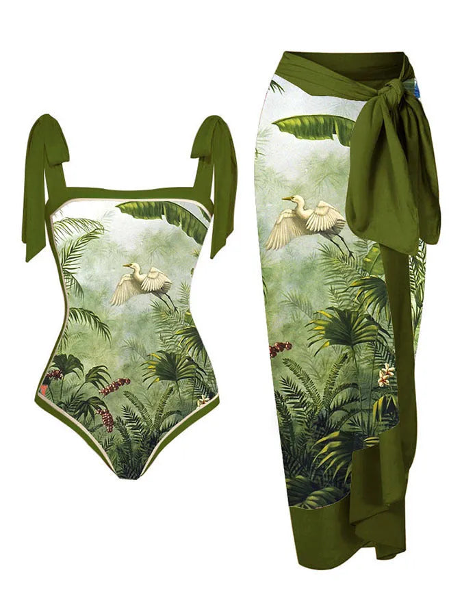 Women's printed floral two-piece swimsuit with a matching chiffon hip skirt.