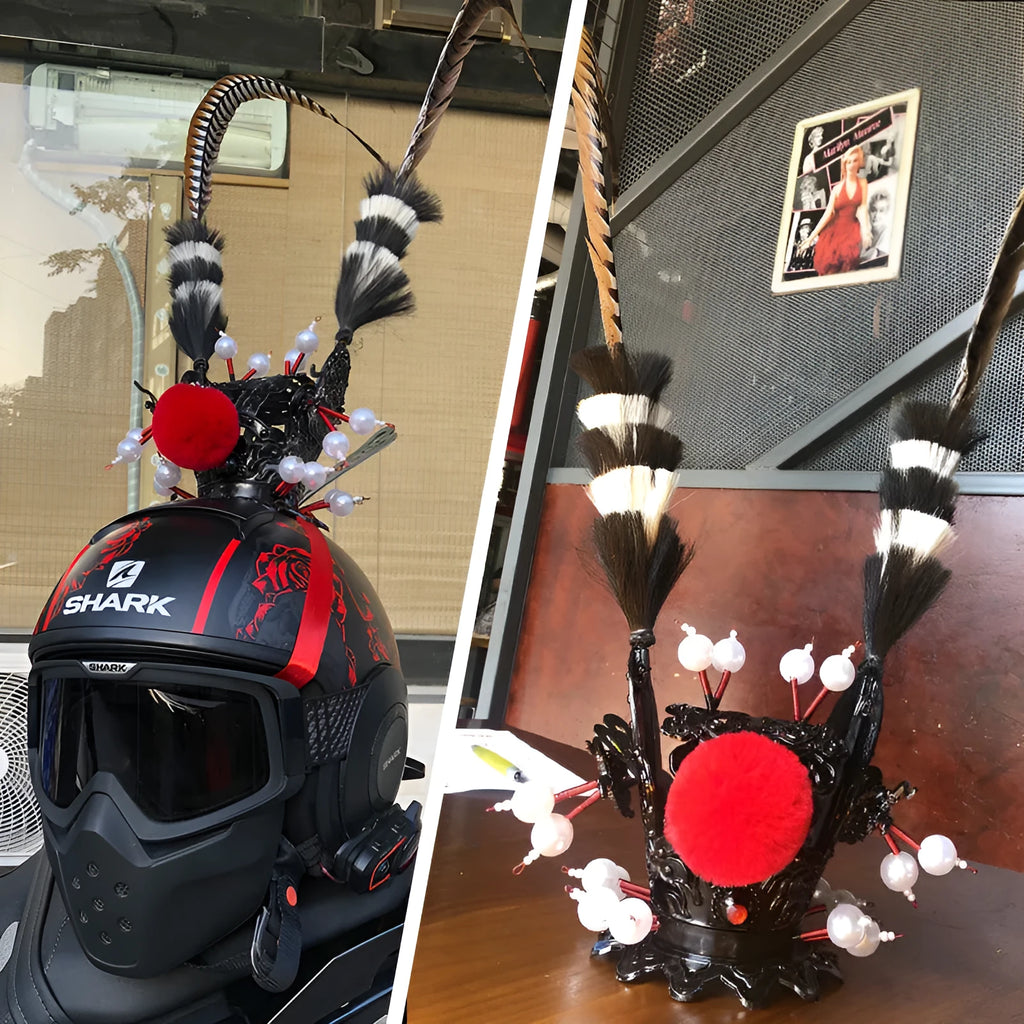 Motorcycle helmet decoration kit showing a crown ornament and a long feather for customisation.
