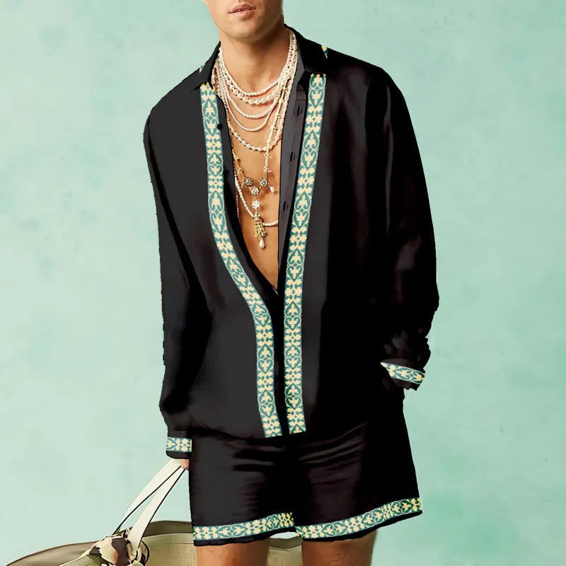 Men's slim fit casual summer set with long sleeve shirt and matching shorts in various colours