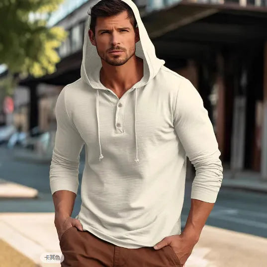 Men's dark blue cotton pullover hoodie with a hood and long sleeves on a hanger.