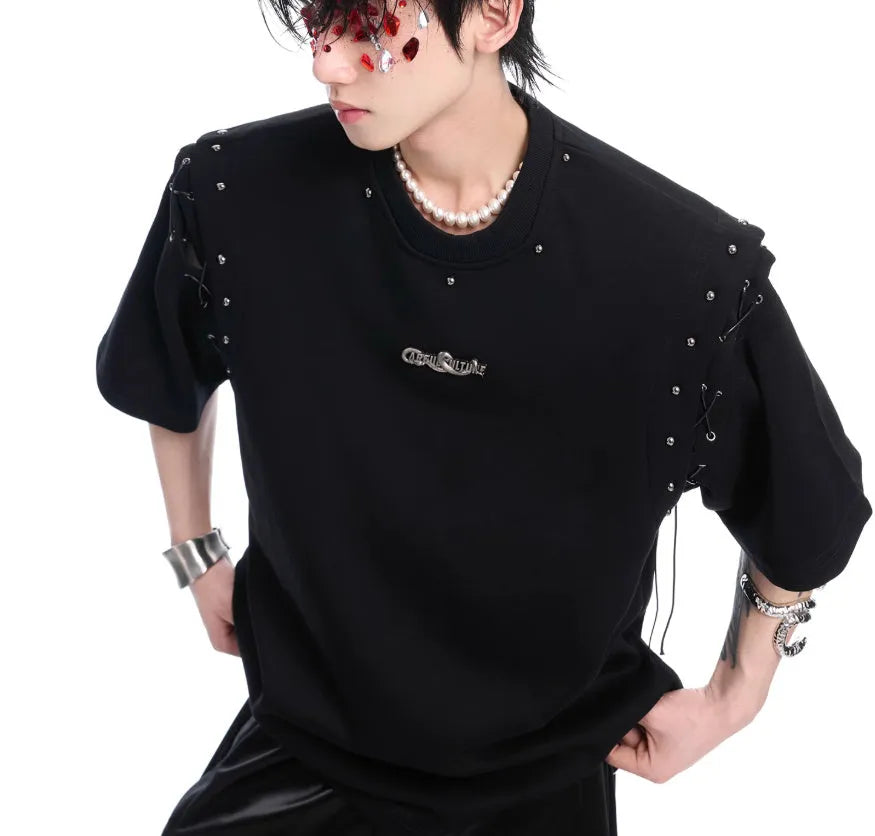 Women's black short sleeve T-shirt with lace-up detail across the upper back