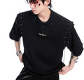 Women's black short sleeve T-shirt with lace-up detail across the upper back