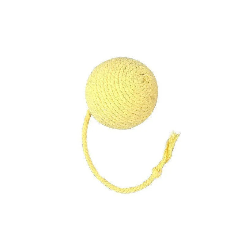 Coloured cat toy ball with rope attached and built-in bell inside, shown in green, pink, purple, and yellow options