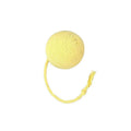Coloured cat toy ball with rope attached and built-in bell inside, shown in green, pink, purple, and yellow options