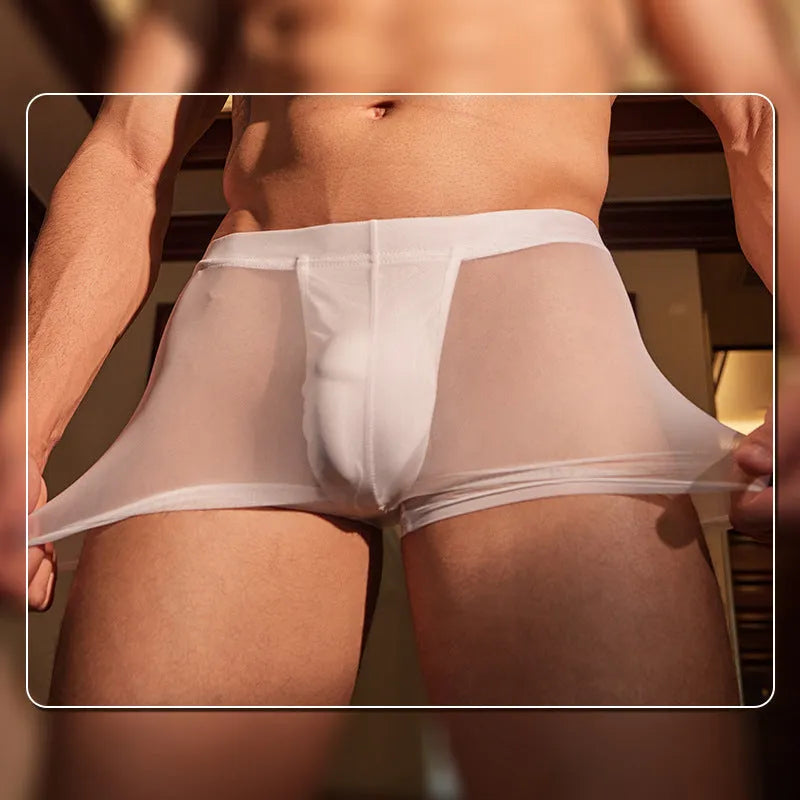 Black and white men's nylon boxer briefs showing ultra-thin breathable construction