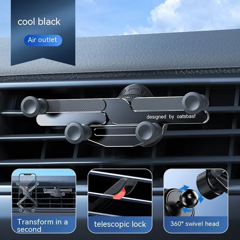 Invisible aluminum alloy car mobile phone holder showing knob air vent clip and adhesive paste mounting options.