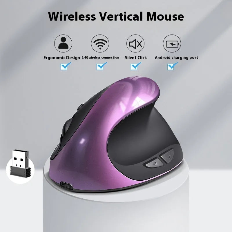 Vertical ergonomic wireless mouse showing upright design with USB connector and multiple colour options
