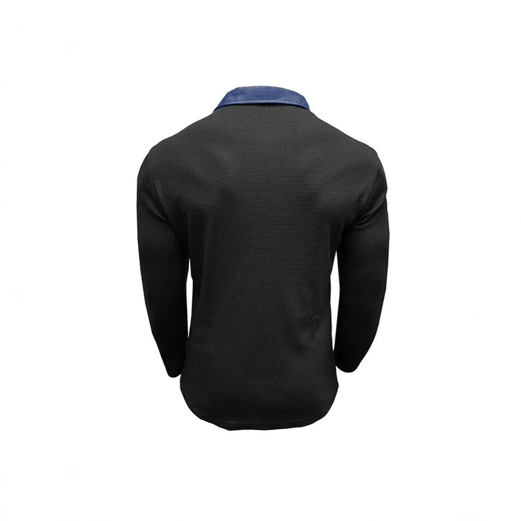 Man modelling a long-sleeved waffle-texture polo shirt in a loose, retro style.