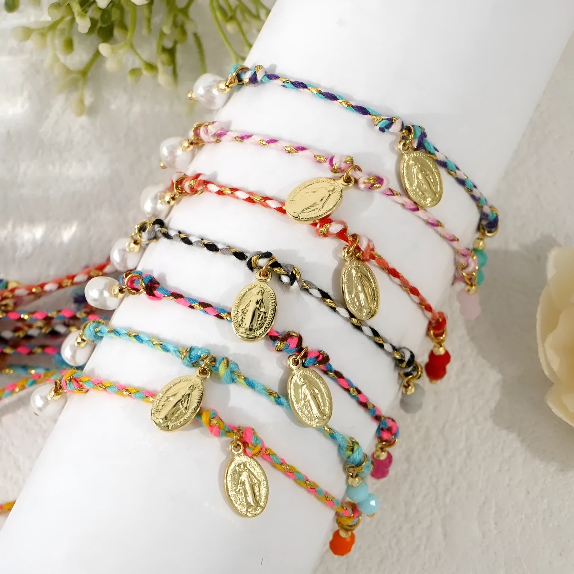 Hand-woven colourful braided rope bracelet for women in ethnic carrying strap tag design