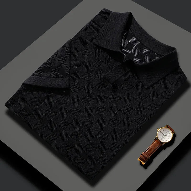 Men's mulberry silk short sleeve sweater with lapels in business casual style