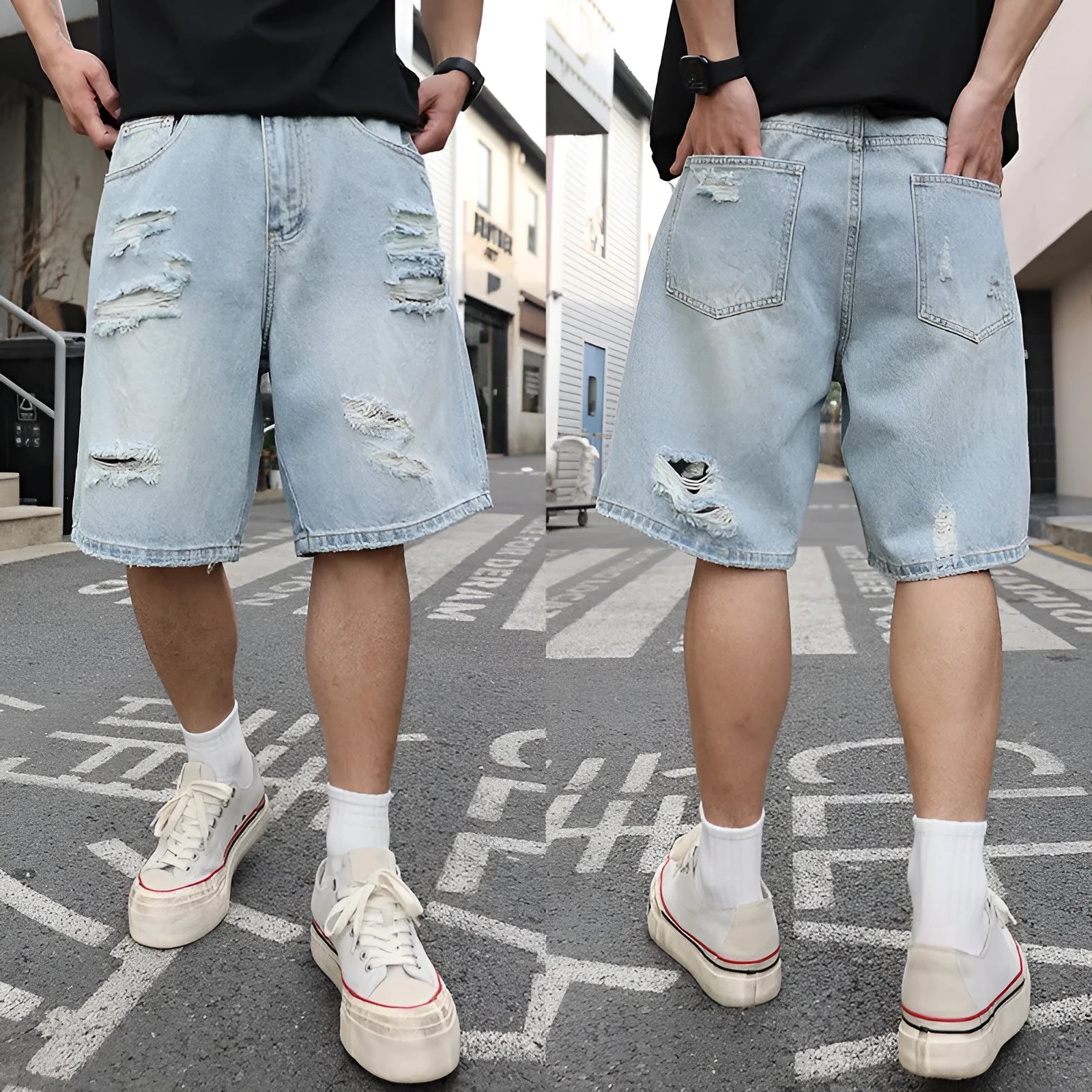 Light blue ripped denim shorts with a loose straight-leg fit on a mannequin.