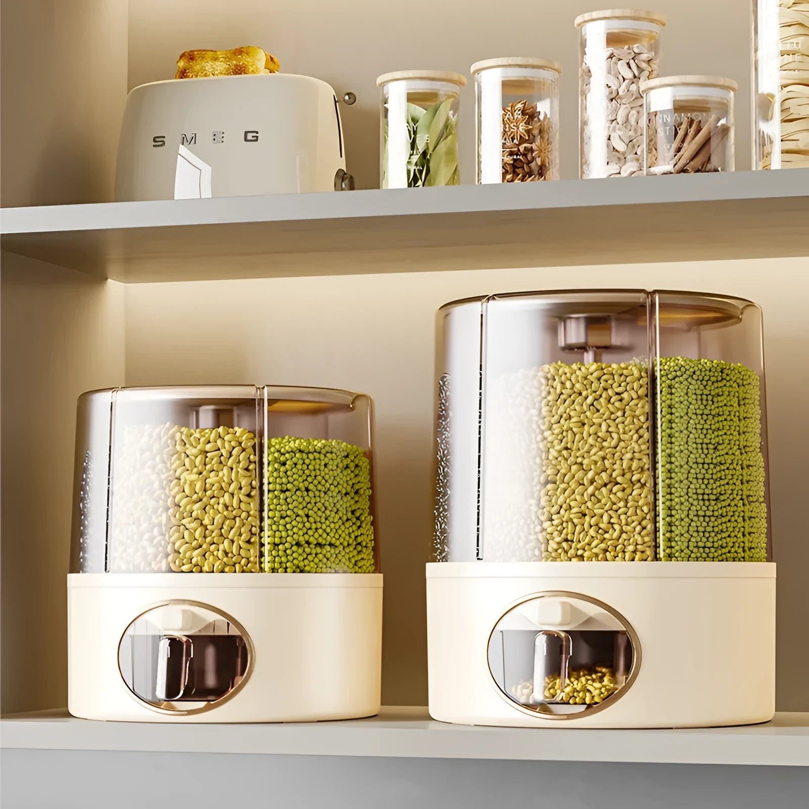 Rotatable cereals storage bucket in cream white with sealed lid, plastic material