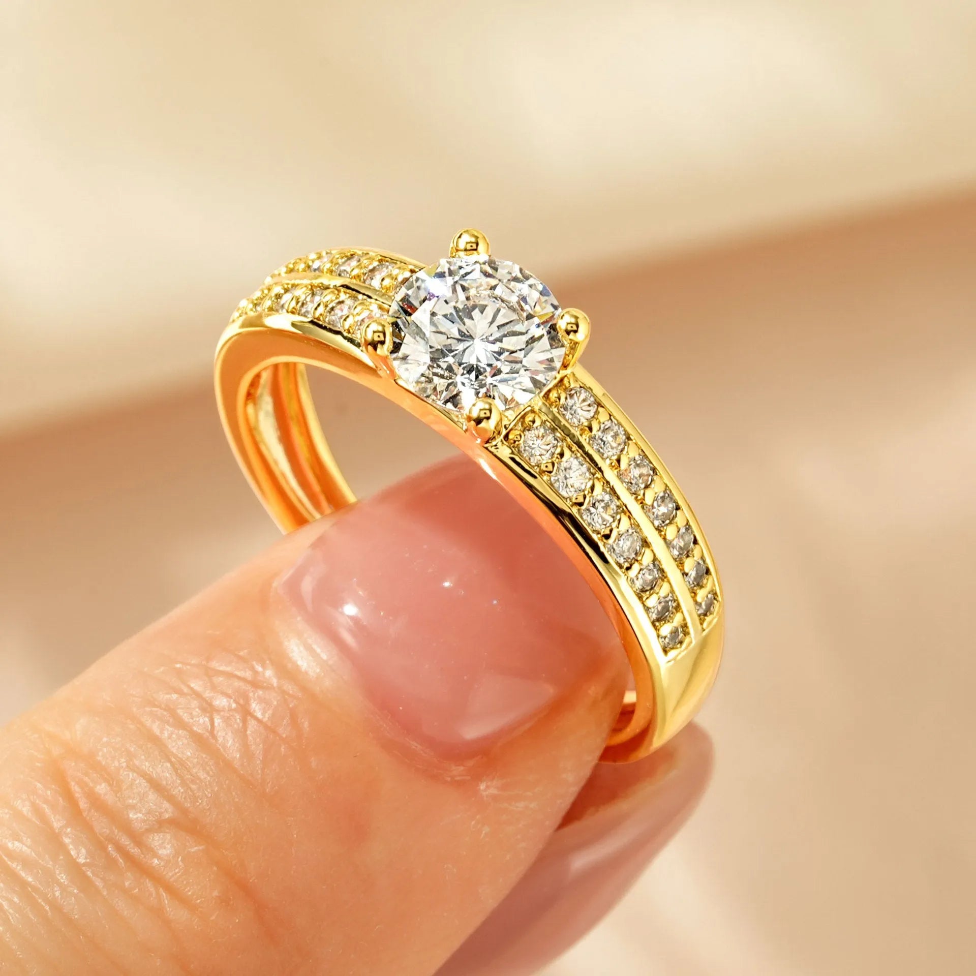 Women's geometric copper zircon ring in white or yellow, showing heart, split-arm, and star style options.