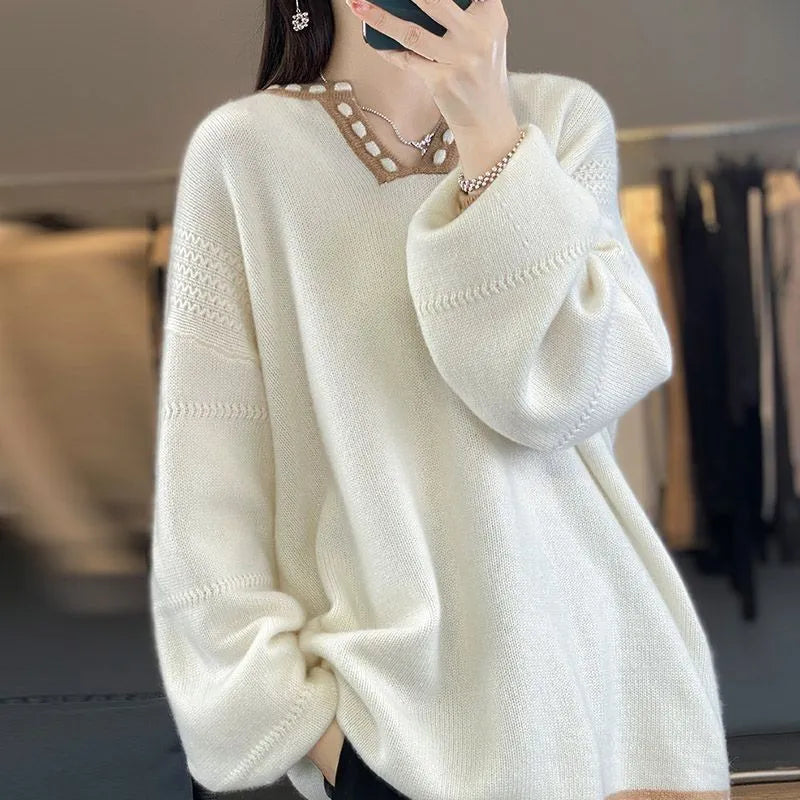 Women's camel V-neck viscose sweater with long sleeves on hanger