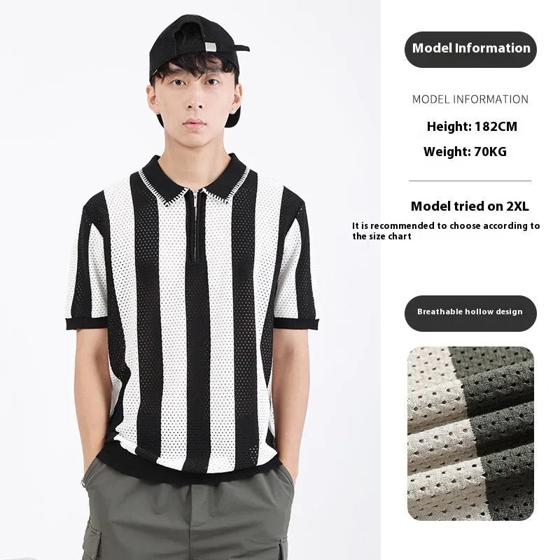 Men's striped short sleeve ice silk viscose sweater with zipper decoration