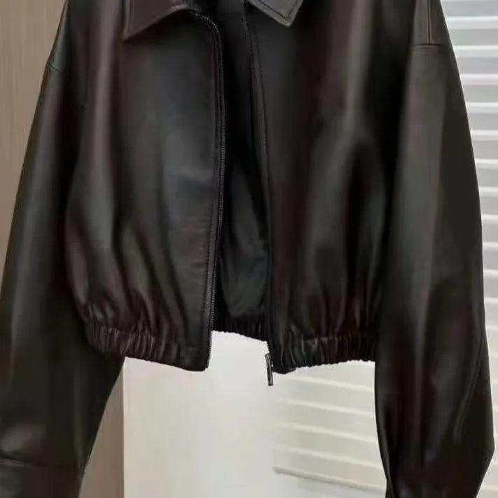 Black womens imitation leather square-neck zip jacket with princess sleeves