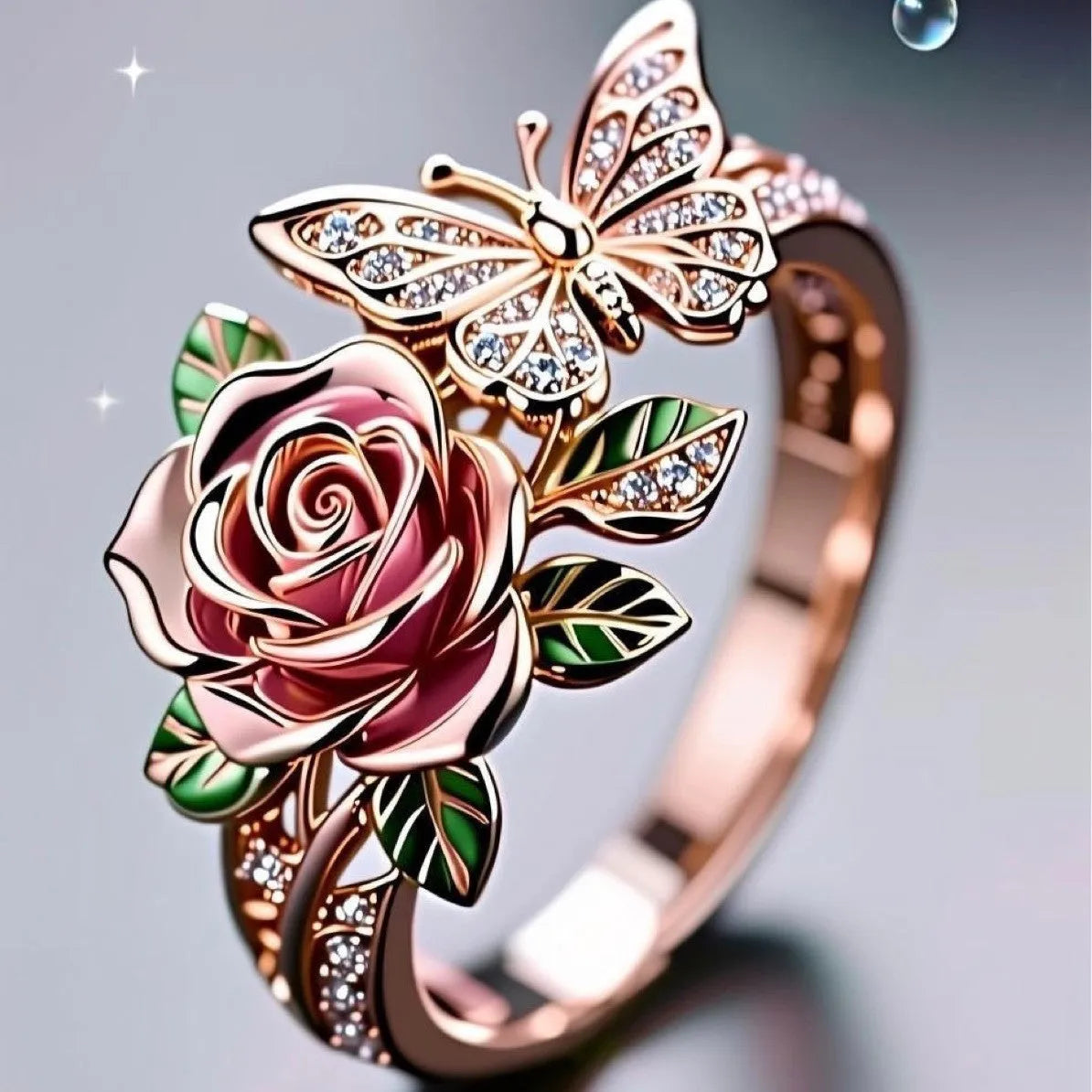 Adjustable butterfly ring with colourful oil drop finish and detailed floral insect leaf modelling