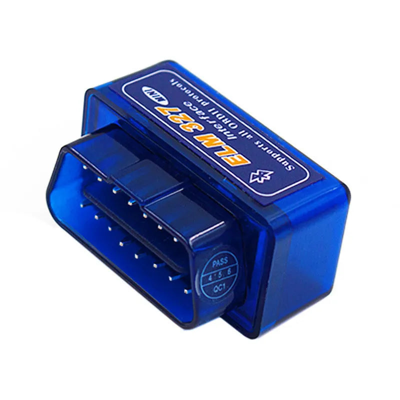ELM327 Mini V2.1 Bluetooth OBD2 car diagnostic scanner and fault code reader on a dark background.
